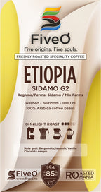 FiveO coffee package with Ethiopia Sidamo G2 branding and coffee bean information.