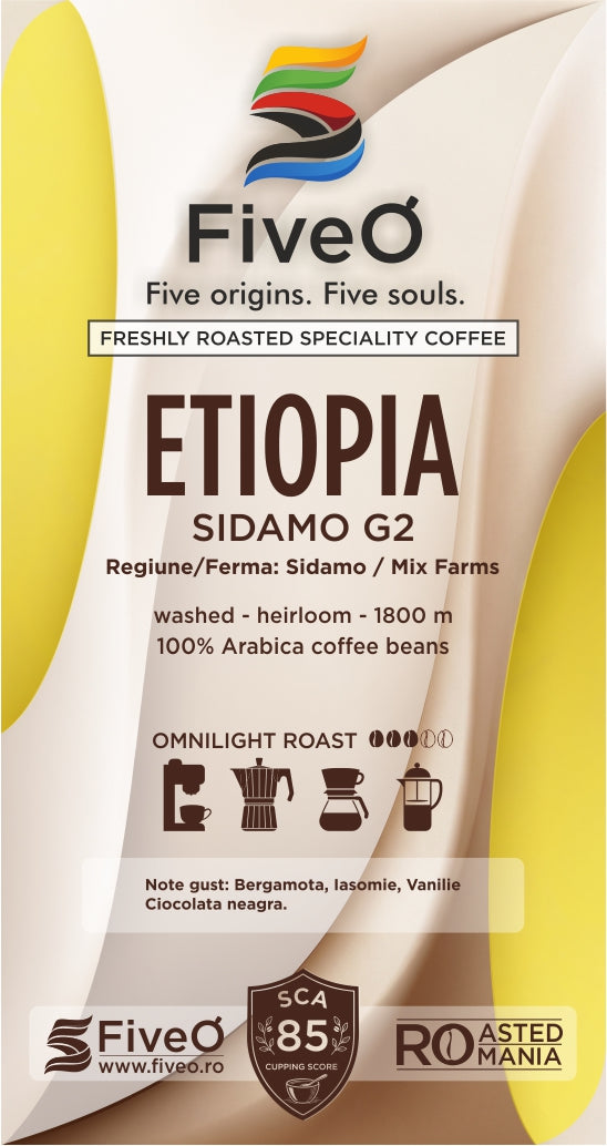 FiveO coffee package with Ethiopia Sidamo G2 branding and coffee bean information.