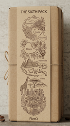 Kraft paper packaging with illustrations and text, featuring the brand 'FiveO'.