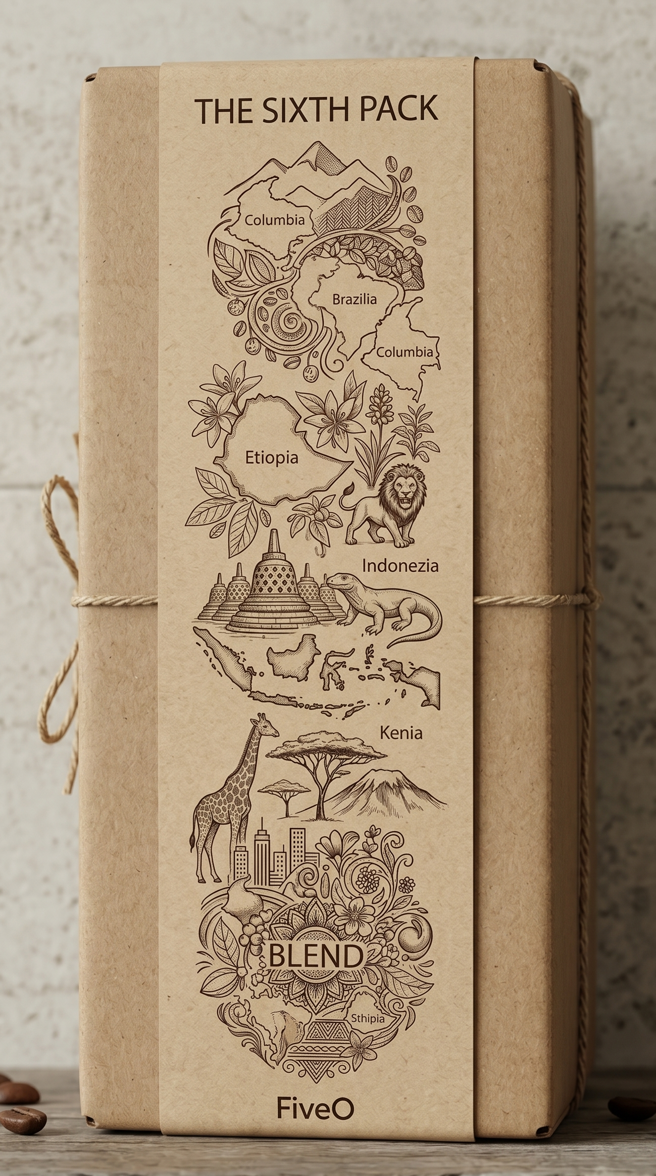 Kraft paper packaging with illustrations and text, featuring the brand 'FiveO'.