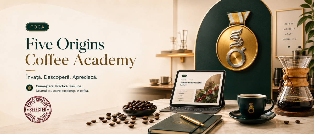 Five Origins Coffee Academy — medalion FOCA, chemex și boabe de cafea de specialitate