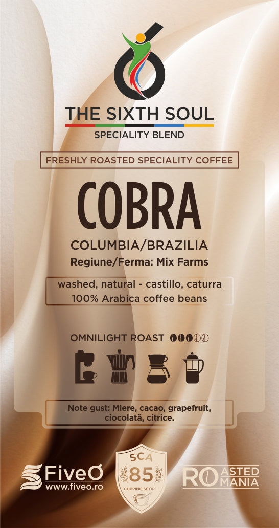 Coffee packaging with 'The Sixth Soul' branding and 'Cobra' coffee blend details.