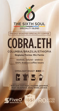 Coffee packaging for 'The Sixth Soul' specialty blend with 'Cobra.Eth' label