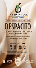 Coffee packaging for 'Despacito' with 'The Sixth Soul' branding and coffee bean information.