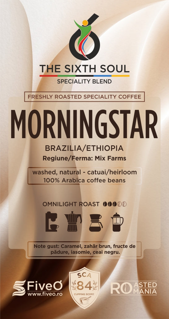 Coffee packaging for 'Morningstar' with 'The Sixth Soul' branding