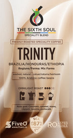 Coffee packaging for 'The Sixth Soul' Trinity coffee blend with branding and certification details.