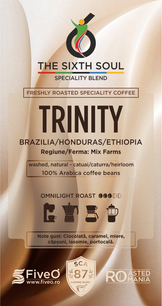 Coffee packaging for 'The Sixth Soul' Trinity coffee blend with branding and certification details.