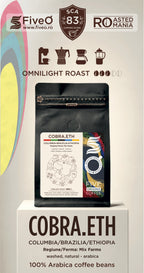 A coffee bag product display on a pedestal with branding and roast information. The main product shown is a black coffee pouch labeled COBRA. Columbia Brazilia coffee blend made from single origins.