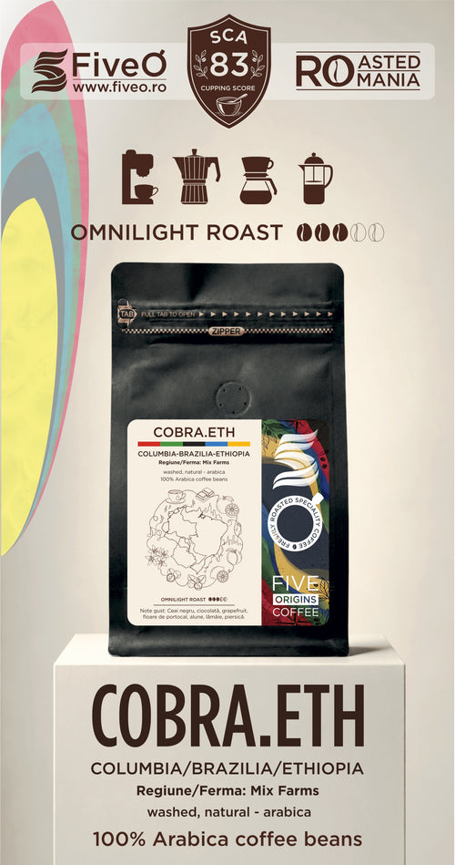 A coffee bag product display on a pedestal with branding and roast information. The main product shown is a black coffee pouch labeled COBRA. Columbia Brazilia coffee blend made from single origins.