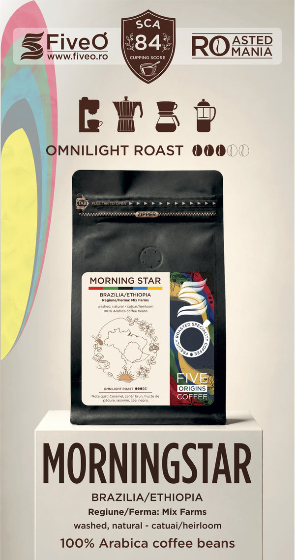 A package of FiveO Morning Star Omnilight Roast coffee beans displayed on a white pedestal. The product packaging is a black stand-up pouch with a white and multicolor label.