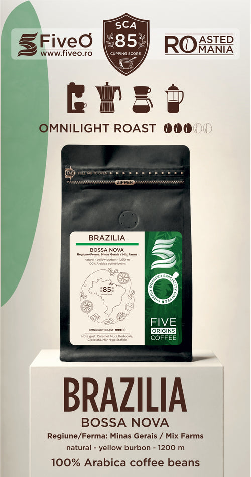 A bag of Five O' Coffee Brazilia Bossa Nova coffee beans displayed on a white pedestal. The packaging features a black resealable pouch with a white and green label, set against a white background with green and brown graphic accents and text detailing the roast and origin.