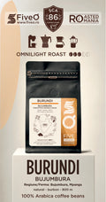 A bag of FiveO Omnilight Roast Burundi Bujumbura coffee beans displayed on a pedestal, with brand and roast badges at the top and product text below. The best single origin speciality coffee from burundi.