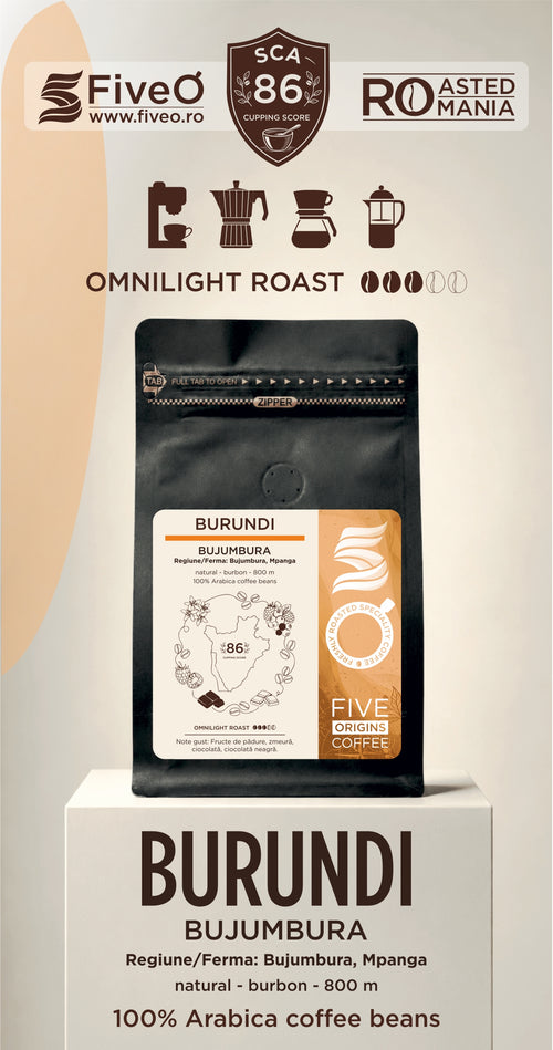 A bag of FiveO Omnilight Roast Burundi Bujumbura coffee beans displayed on a pedestal, with brand and roast badges at the top and product text below. The best single origin speciality coffee from burundi.