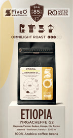 A bag of FiveO Omnilight Roast Ethiopia Yirgacheffe G2 coffee beans displayed on a white pedestal against a beige background with brand and roast graphics. roasted in romania the best ethiopian cofee yirgacheffe 