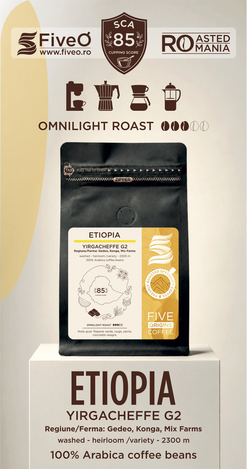 A bag of FiveO Omnilight Roast Ethiopia Yirgacheffe G2 coffee beans displayed on a white pedestal against a beige background with brand and roast graphics. roasted in romania the best ethiopian cofee yirgacheffe 