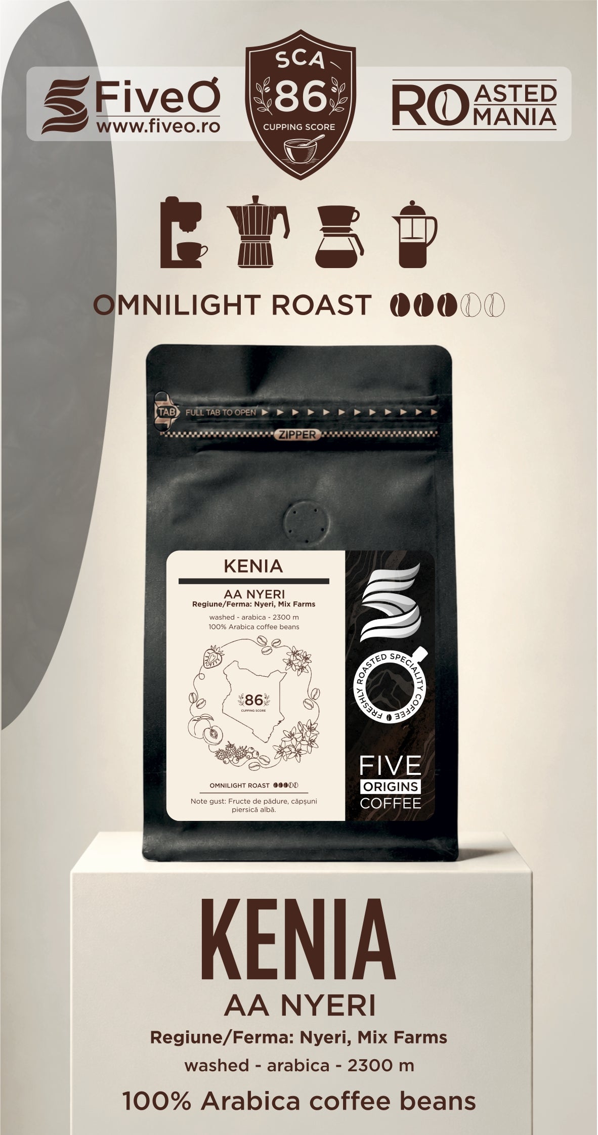 A bag of Five O Omnilight Roast Kenia AA Nyeri whole Arabica coffee beans displayed on a white pedestal. The packaging is black with a white label and features branding from Five O and Roasted in Romania.