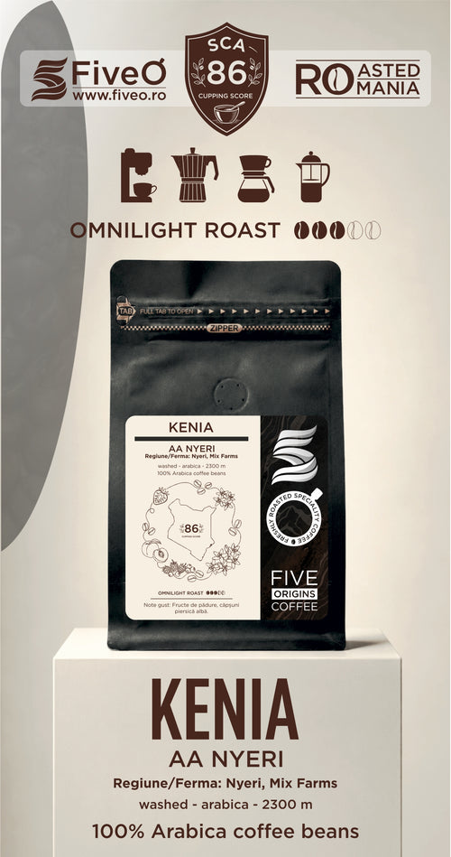 A bag of Five O Omnilight Roast Kenia AA Nyeri whole Arabica coffee beans displayed on a white pedestal. The packaging is black with a white label and features branding from Five O and Roasted in Romania.