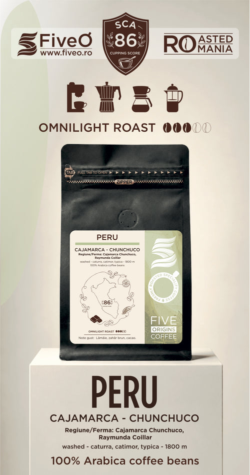 A black coffee bean bag labeled 'PERU' and 'CAJAMARCA - CHUNCHUCO' stands on a white pedestal against a beige background. The image includes branding for Five O, SCA 86, and Roasted in Romania, along with icons for espresso, cappuccino, and latte, and text describing the coffee as washed, medium-omni, and 100% Arabica.