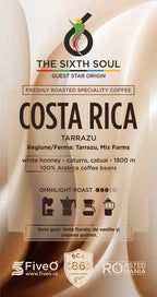 Coffee label for Costa Rica Tarrazu coffee from The Sixth Soul with roast information and branding.