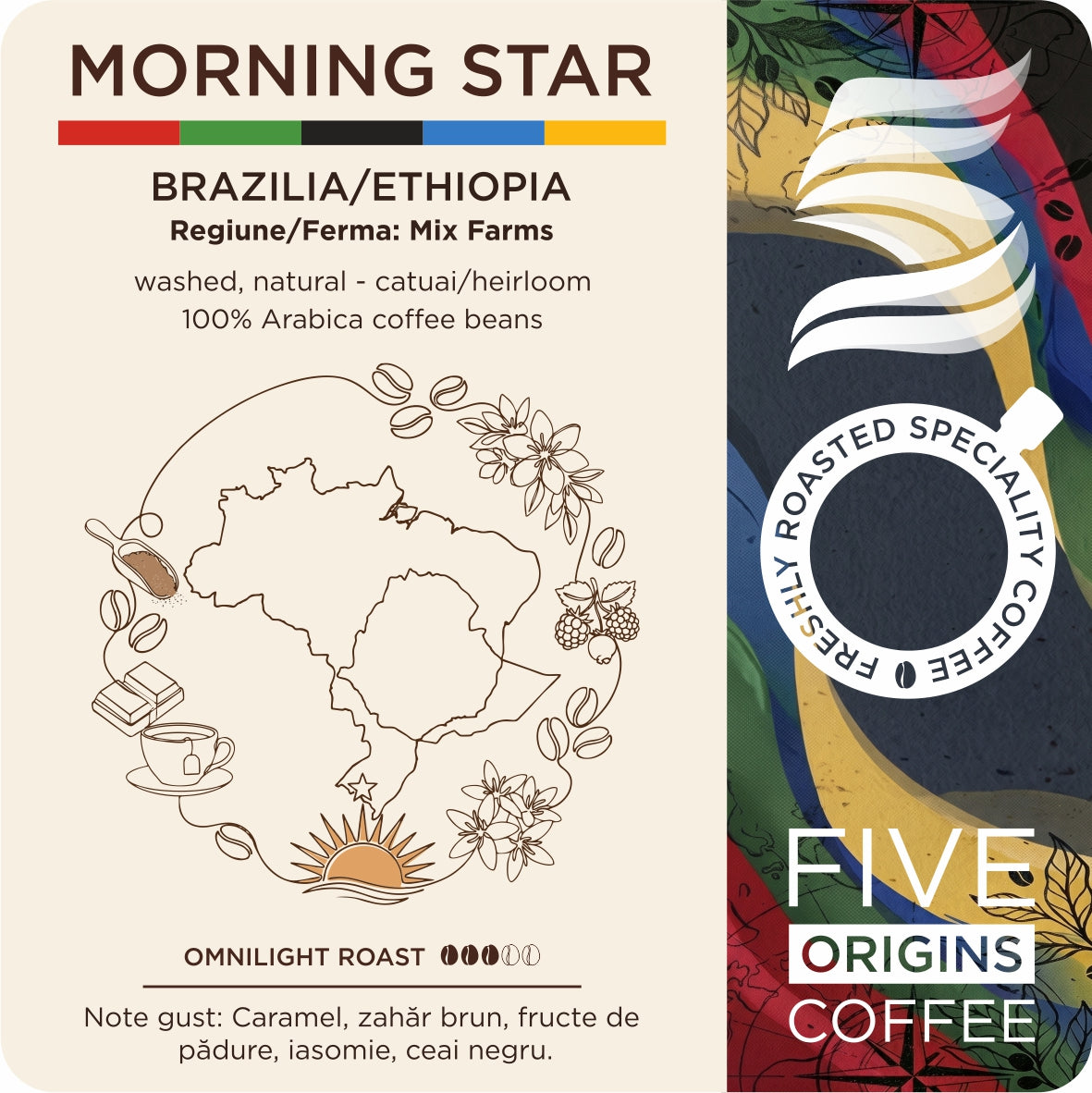 eticheta produsului Cafea de specialitate Morning Star Brazilia Etiopia Five Origins, blend arabica cu note de caramel, zahăr brun, fructe de pădure și iasomie