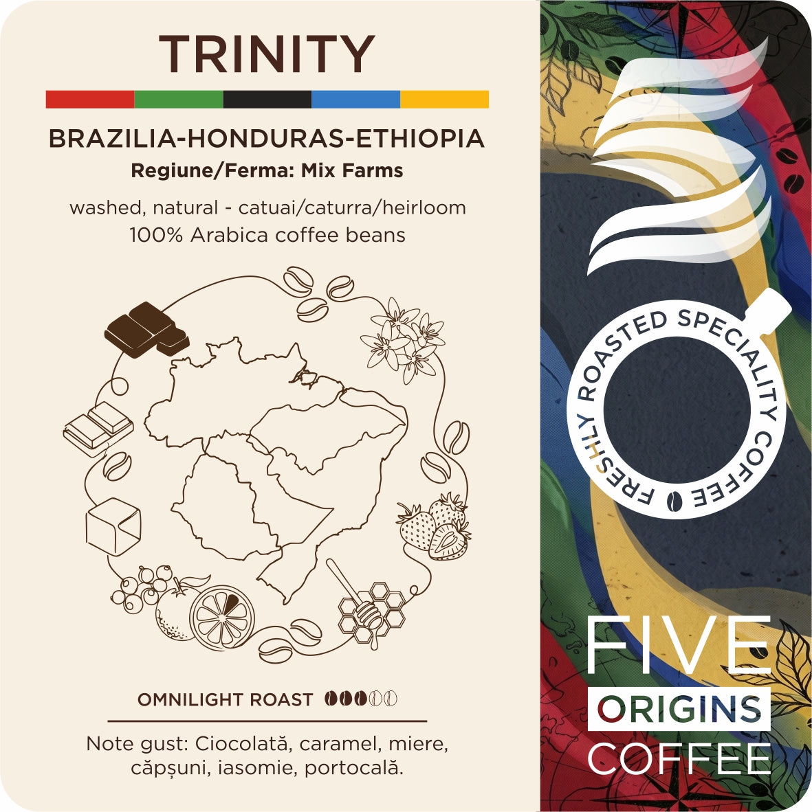 eticheta produs Cafea de specialitate Five Origins Trinity blend Brazilia Honduras Etiopia, cu note de ciocolată, caramel, miere, căpșuni, iasomie și portocală