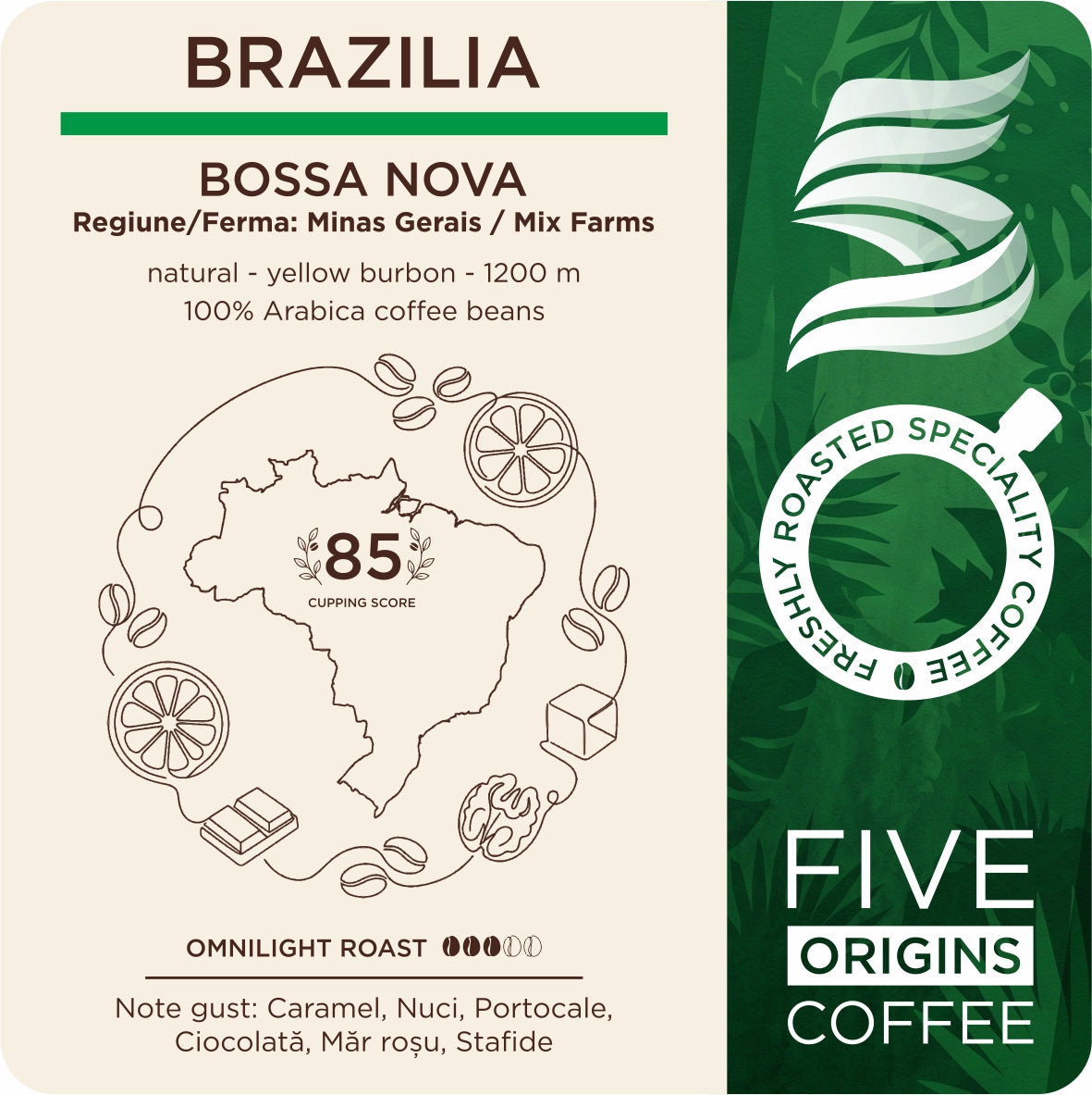 eticheta pentru pungă neagră premium Five Origins Coffee Brazilia Bossa Nova, cafea de specialitate 100% Arabica din Minas Gerais, cu note de caramel, nuci, portocale, ciocolată, măr roșu și stafide