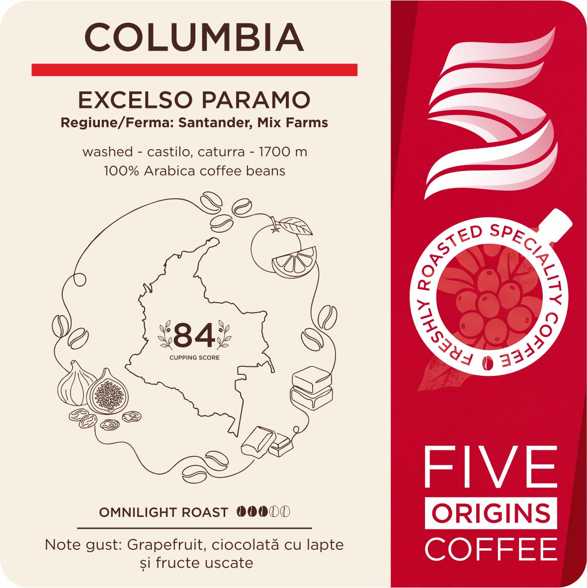 eticheta produsului Pungă de cafea de specialitate Five Origins Columbia Excelso Paramo, înconjurată de grapefruit, ciocolată cu lapte și fructe uscate, pe fundal premium inspirat de Columbia.