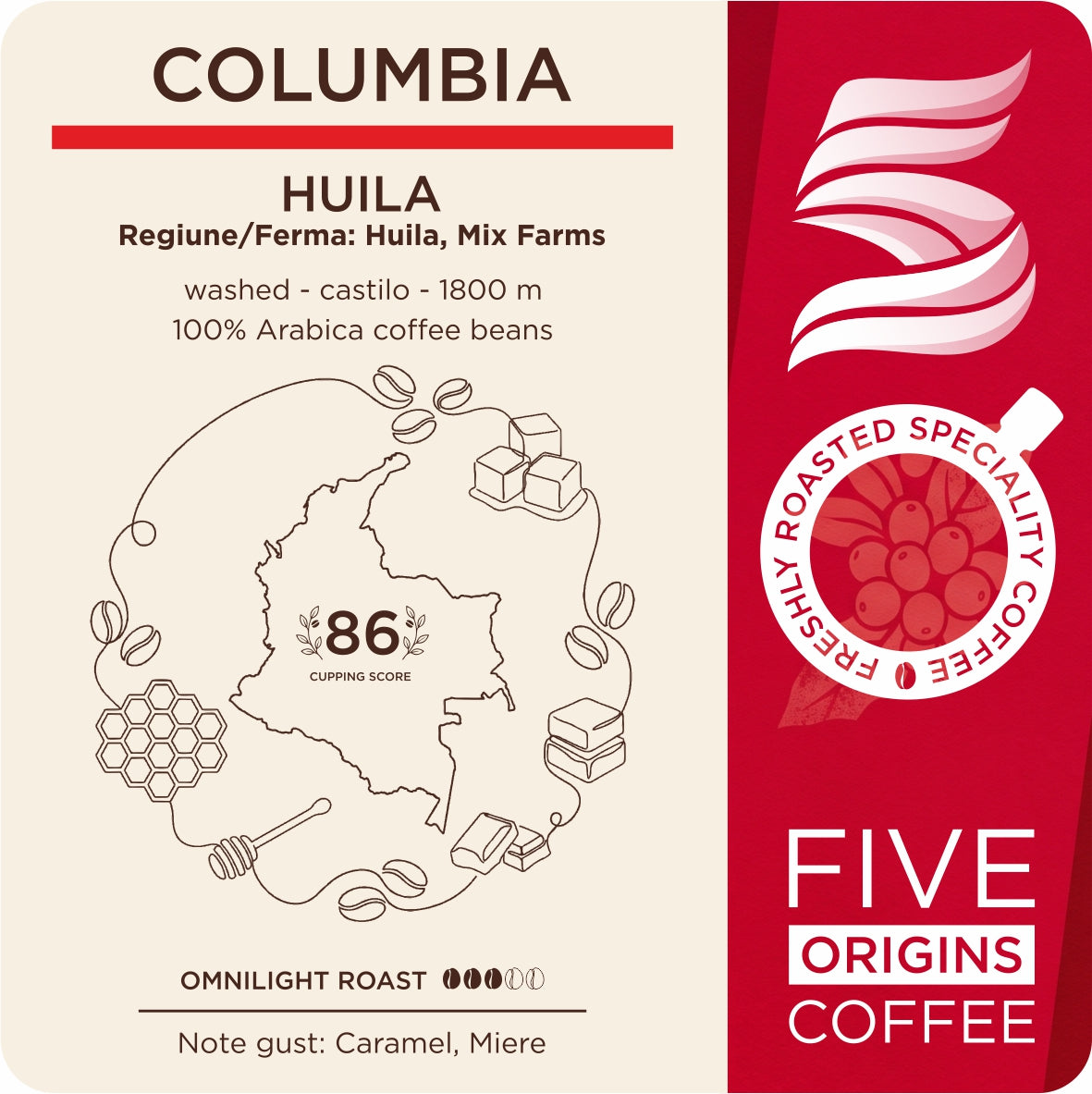 eticheta produsului Cafea de specialitate Five Origins Columbia Huila, pungă neagră premium, cu note de caramel și miere, în decor elegant cu miere și caramel.