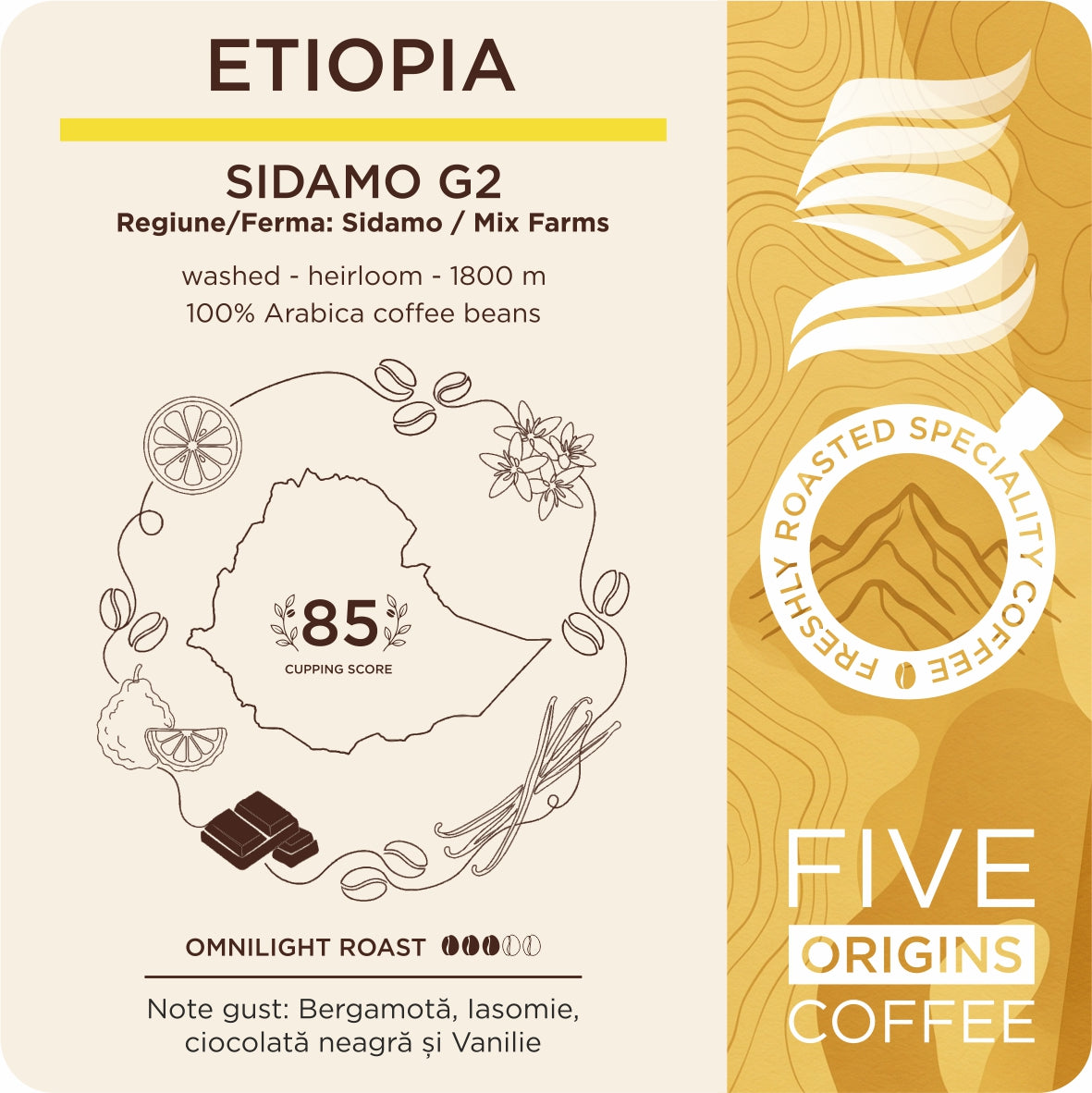 eticheta produsului Cafea de specialitate Etiopia Sidamo G2 Five Origins, prăjire omnilight, cu note de bergamotă, iasomie, vanilie și ciocolată neagră