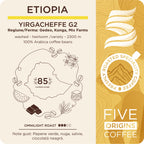 Cafea de specialitate Five Origins Etiopia Yirgacheffe G2,eticheta pachet premium cu note de pepene verde, nugă, salvie și ciocolată neagră