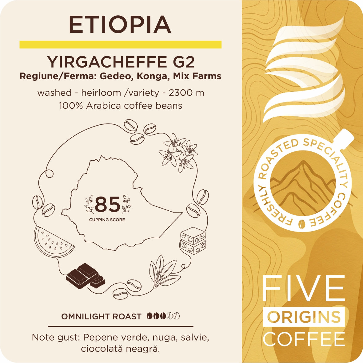 Cafea de specialitate Five Origins Etiopia Yirgacheffe G2,eticheta pachet premium cu note de pepene verde, nugă, salvie și ciocolată neagră