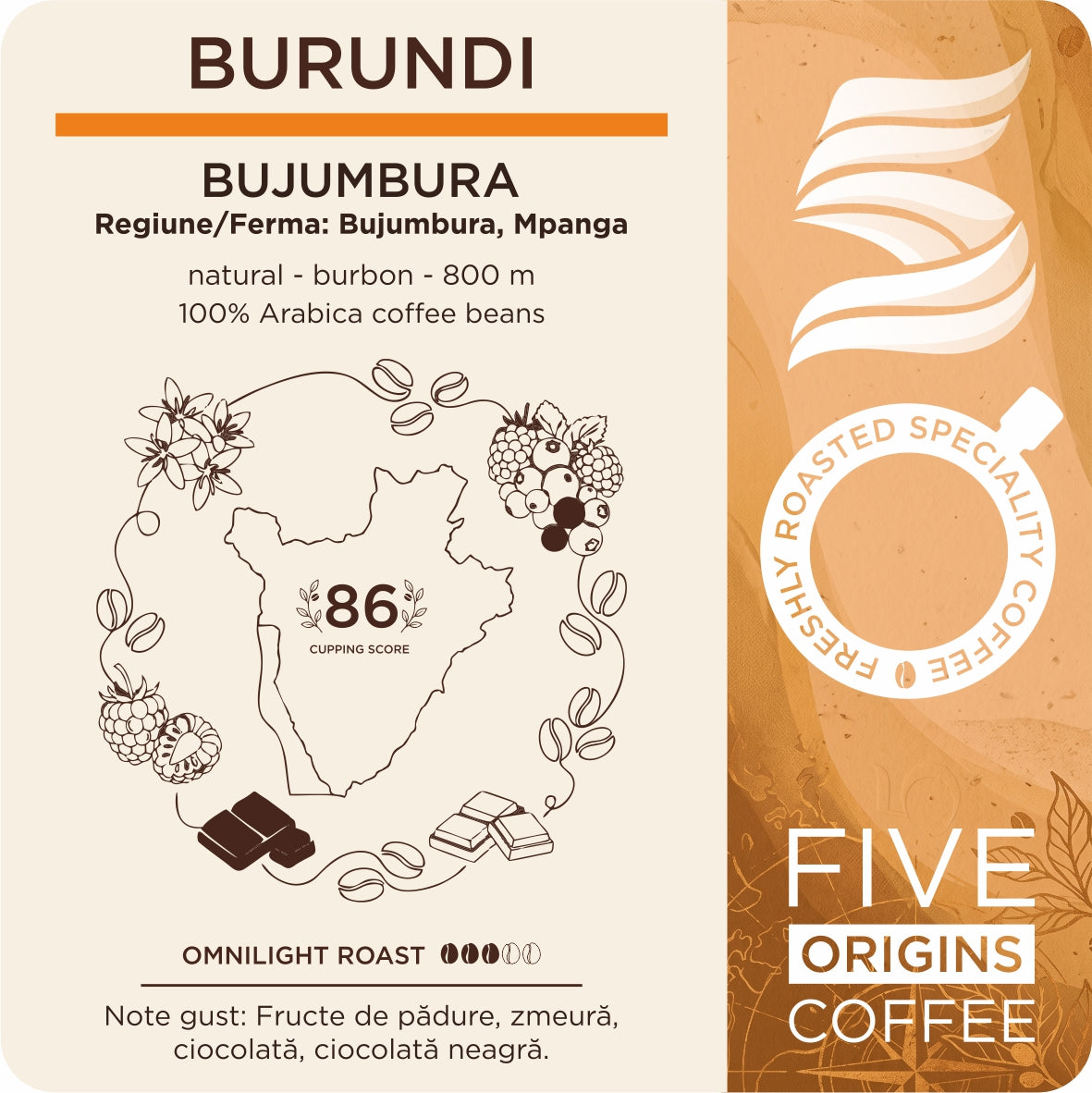 eticheta produs Pungă cafea de specialitate Burundi Bujumbura Five Origins, prăjire omnilight, note de fructe de pădure, zmeură și ciocolată neagră