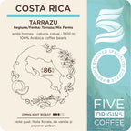 eticheta produs Pungă de cafea de specialitate Costa Rica Tarrazu Five Origins Coffee, procesare white honey, cu note florale, vanilie și pepene galben