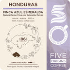 eticheta produs Pungă de cafea de specialitate Five Origins Honduras Finca Azul Esmeralda, cu prune și ciocolată neagră