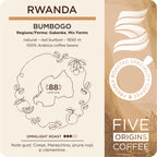 eticheta produsului Cafea de specialitate Rwanda Bumbogo Five Origins Coffee, pachet premium cu note de cireșe, Maraschino, prune roșii și clementine
