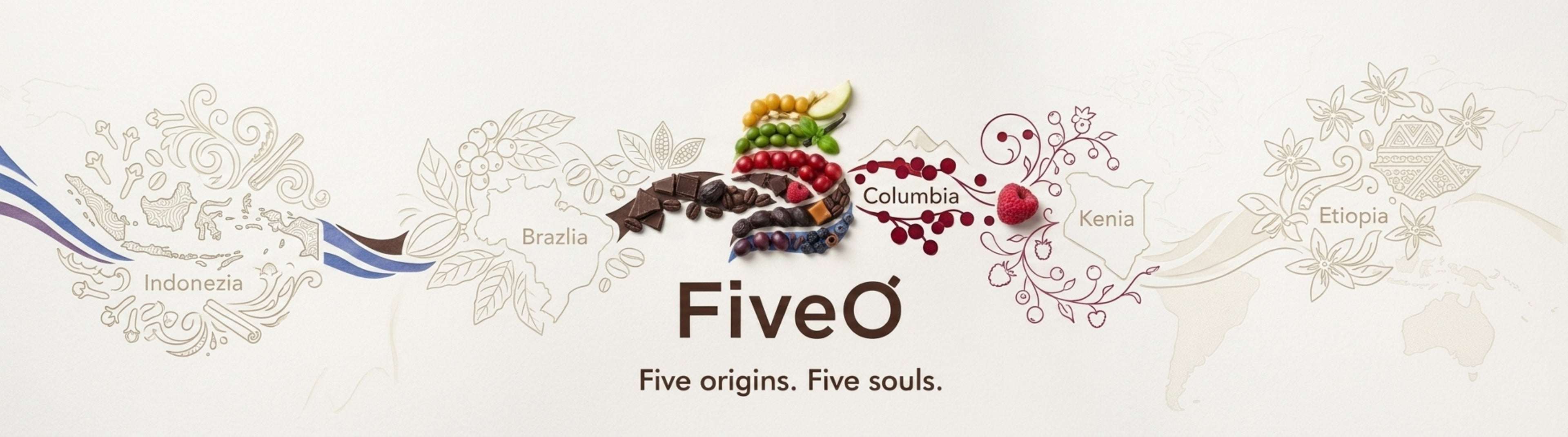FiveO coffee brand logo with coffee beans and fruit graphics on a decorative background