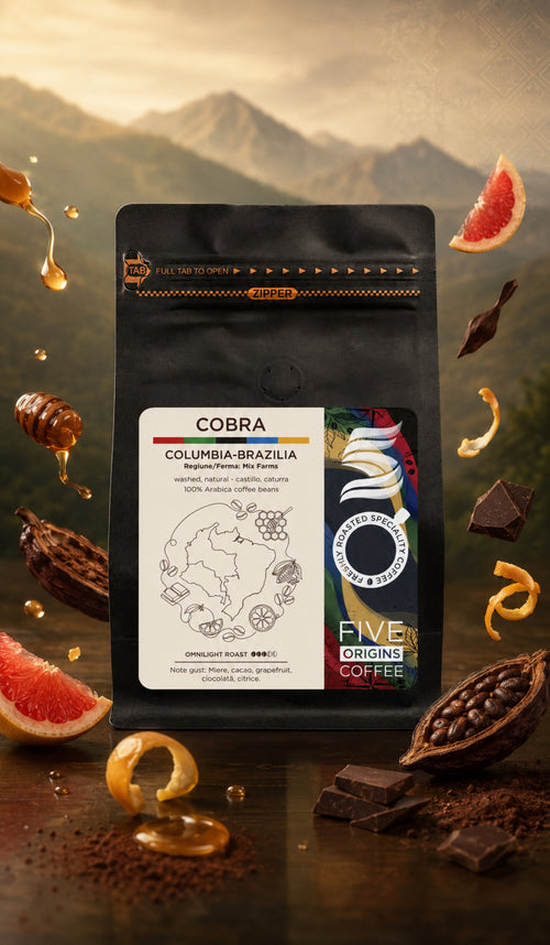 Cafea de specialitate Five Origins Cobra Columbia Brazilia, blend arabica cu note de miere, cacao, grapefruit, ciocolată și citrice