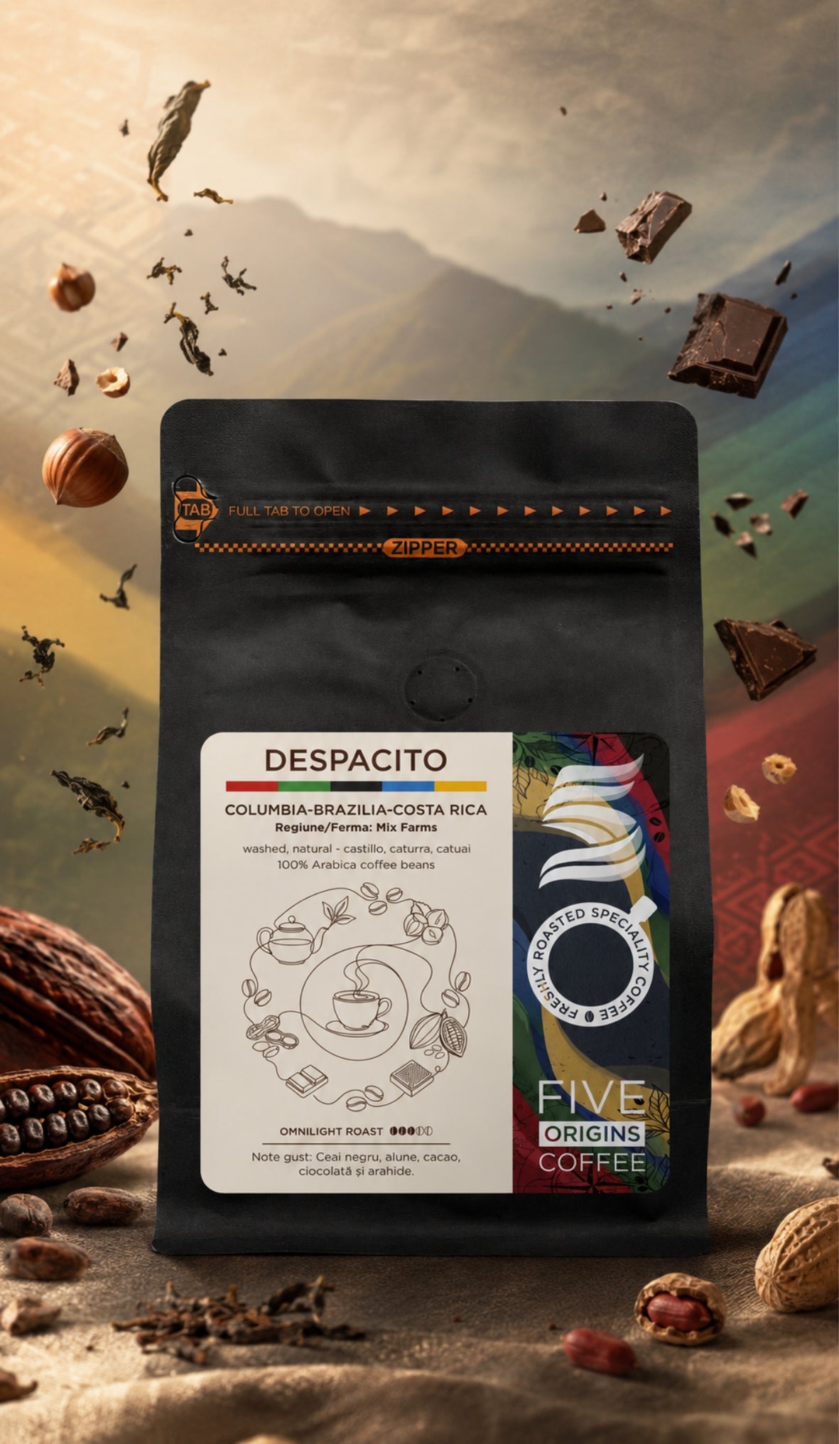 Pungă cafea de specialitate Five Origins Despacito, blend Columbia Brazilia Costa Rica, cu arome de ceai negru, alune, cacao, ciocolată și arahide
