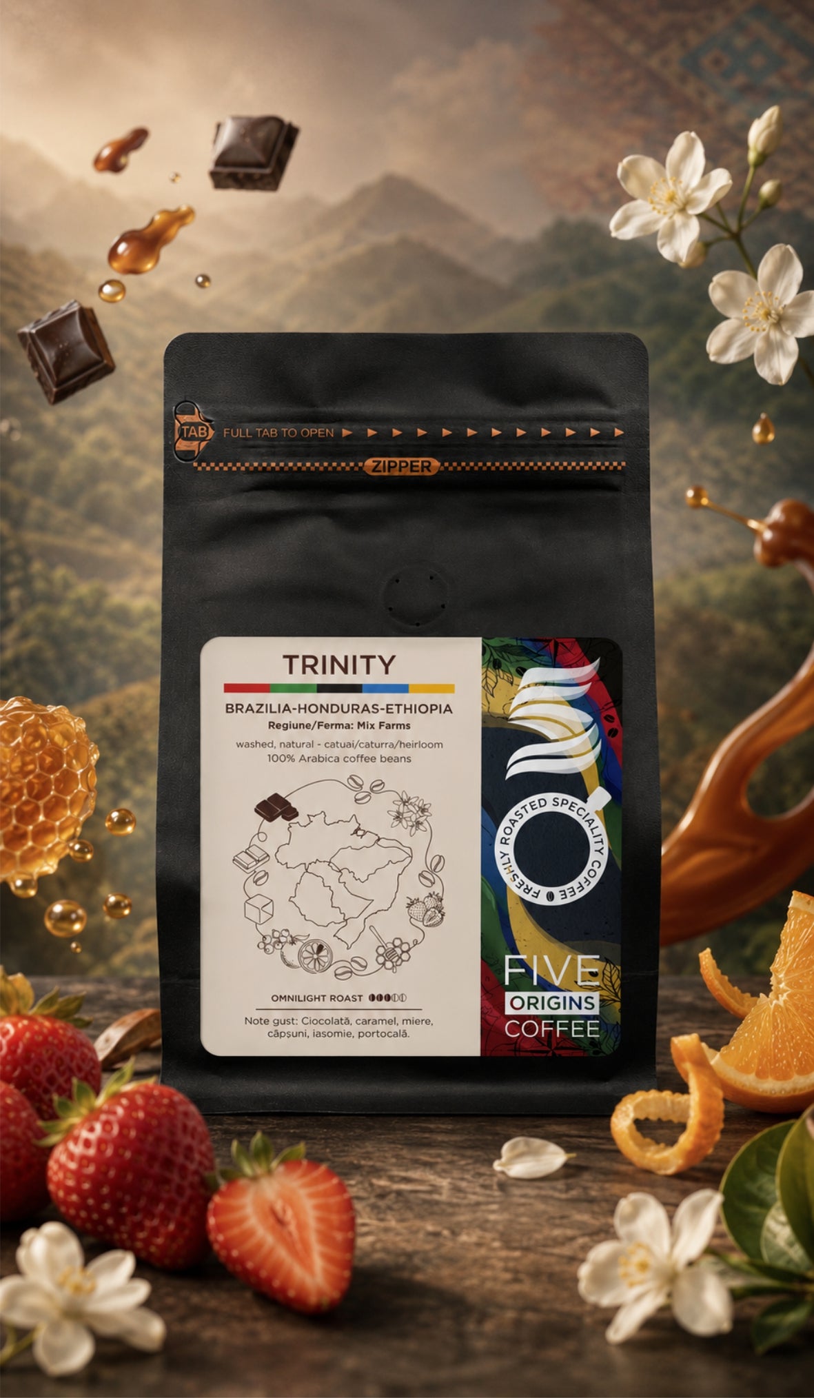 Cafea de specialitate Five Origins Trinity blend Brazilia Honduras Etiopia, cu note de ciocolată, caramel, miere, căpșuni, iasomie și portocală
