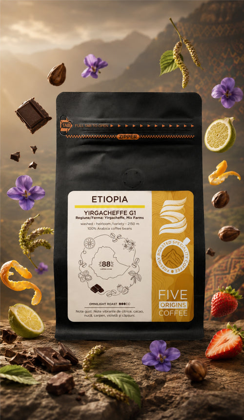 Pungă cafea de specialitate Etiopia Yirgacheffe G1 Five Origins Coffee, prăjire omnilight, cu note vibrante de citrice, cacao, nucă, violetă și căpșuni