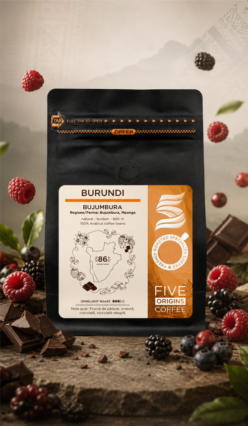 Pungă cafea de specialitate Burundi Bujumbura Five Origins, prăjire omnilight, note de fructe de pădure, zmeură și ciocolată neagră