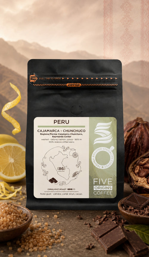 Cafea de specialitate Peru Cajamarca Chunchuco Five Origins, procesare washed, cu note de lămâie, zahăr brun și cacao